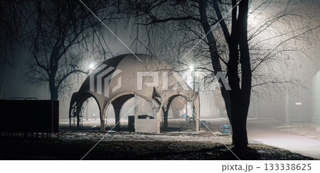 Futuristic Pavilion in Foggy Winter Night Futuristic Pavilion in Foggy Winter Night 133338625