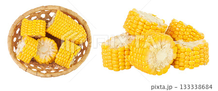 ear of corn in a wicker basket isolated on a white background. Top view. Flat lay 133338684