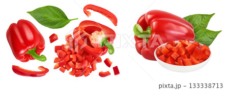diced of red sweet bell pepper isolated on white background. Top view. Flat lay 133338713