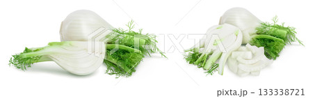 fresh fennel bulb with slice isolated on white background with full depth of field 133338721