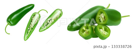jalapeno peppers isolated on white background. Green chili pepper . Top view. Flat lay jalapeno peppers isolated on white background. Green chili pepper . Top view. Flat lay 133338726