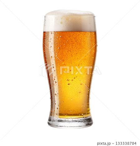 A tall glass filled with amber beer topped with a frothy white head and covered in condensation droplets A tall glass filled with amber beer topped with a frothy white head and covered in condensation droplets 133338784