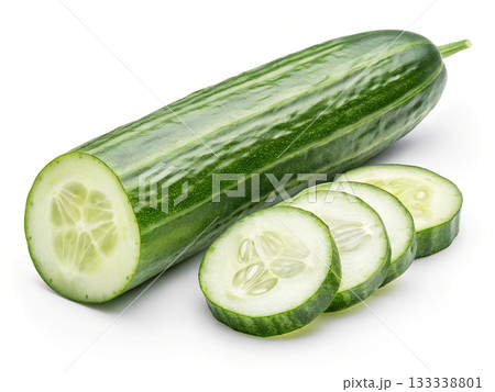 A whole fresh cucumber lies next to four sliced pieces on a white background 133338801