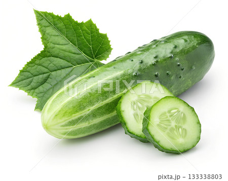 Fresh cucumber with green leaves and slices on a white background leaf Fresh cucumber with green leaves and slices on a white background leaf 133338803