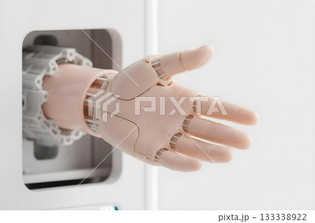 3D printer building realistic human hand model with visible geometric mesh and skin texture 3D printer building realistic human hand model with visible geometric mesh and skin texture 133338922