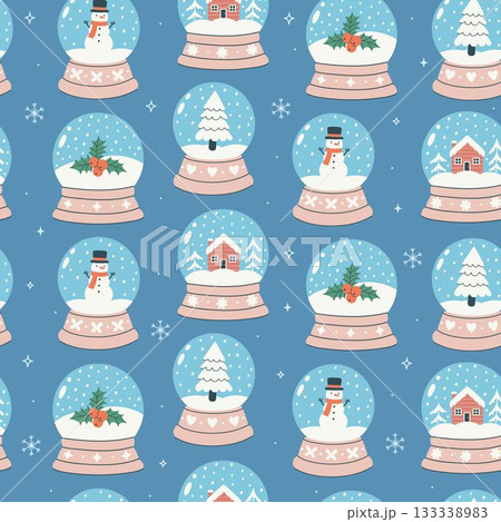 Seamless pattern with snow globes and snowflakes. Vector graphics. 133338983