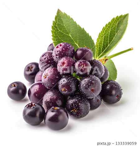 Fresh aronia berries with water droplets and green leaves on a white background 133339059