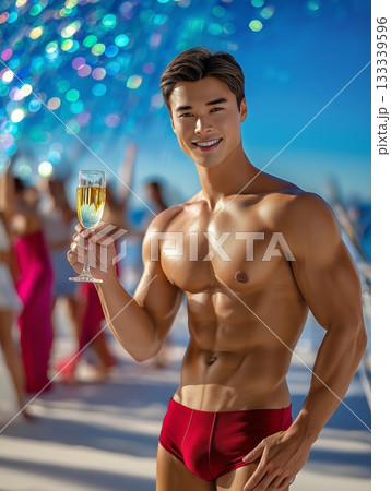 Handsome Male Model in Red Bikini Partying at Beachside 133339596