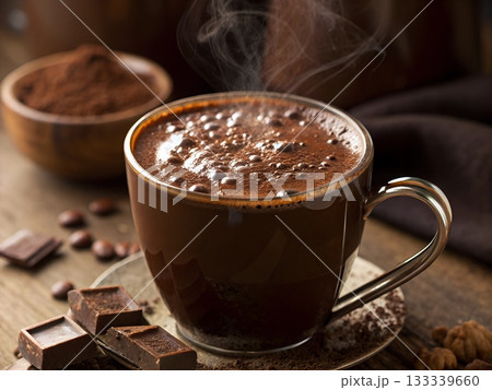 Steaming hot chocolate in a mug with chocolate pieces and cocoa powder Steaming hot chocolate in a mug with chocolate pieces and cocoa powder 133339660