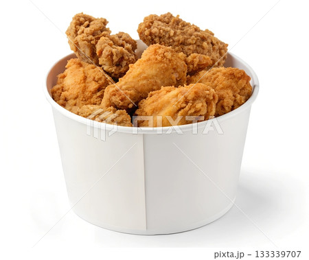 A white bucket filled with crispy fried chicken pieces on a white background 133339707
