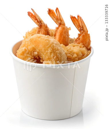 Crispy fried shrimp and calamari rings in a white paper bucket on a white background 133339716