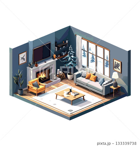 冬の近代風リビングルーム 冬の自宅空間イメージ素材 冬の近代風リビングルーム 冬の自宅空間イメージ素材 133339738