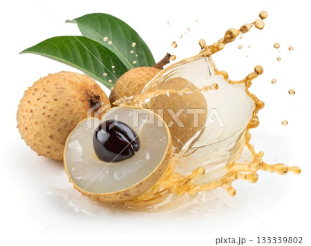 Fresh ripe longans and translucent liquid splash with green leaves on white background Fresh ripe longans and translucent liquid splash with green leaves on white background 133339802