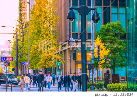 日本の東京都市景観 大手町・街角の防犯カメラ。「大手町駅前」交差点近く、通勤者らを“見守る目” 133339834