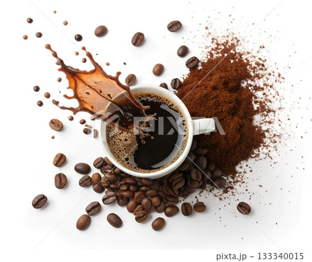 Hot coffee splash from white cup with scattered roasted beans and ground coffee powder Hot coffee splash from white cup with scattered roasted beans and ground coffee powder 133340015