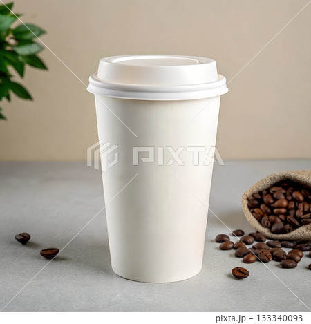 White paper coffee cup with lid coffee beans and burlap sack paper cup White paper coffee cup with lid coffee beans and burlap sack paper cup 133340093