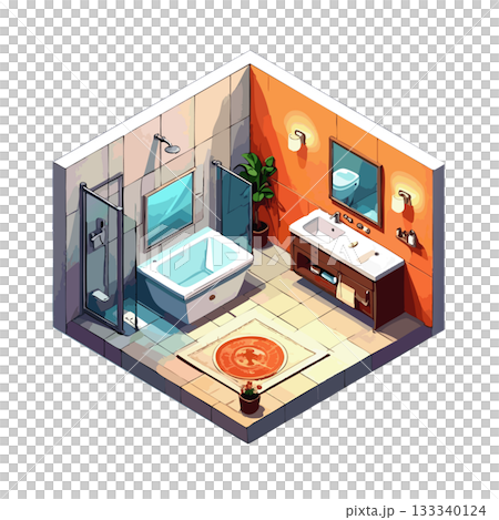 浴室圖標，現代西式風格，暖色調插圖 133340124