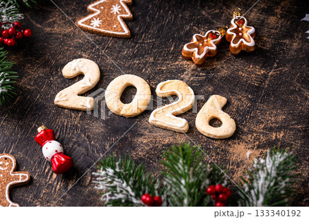 Festive New Year's cookies in the shape of 2026 133340192