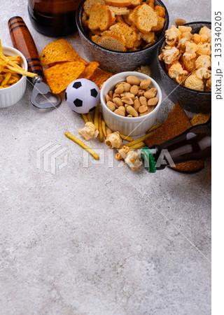 Beer and different snacks for Superbowl or football party Beer and different snacks for Superbowl or football party 133340205
