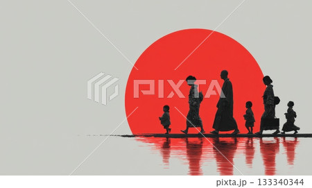 日本の伝統的な風景と着物を着て旅をする親子のリフレクション 133340344