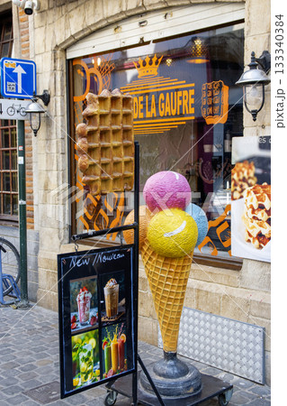 Colorful Ice Cream and Waffle Display Outside a Charming Dessert Shop in Brussels Colorful Ice Cream and Waffle Display Outside a Charming Dessert Shop in Brussels 133340384