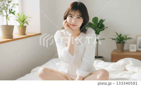 自然光あふれる白い部屋で過ごす穏やかな女性のポートレート 133340591