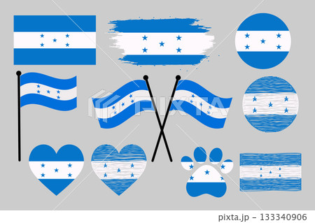 Collection of Honduras Flag Shapes: Waving, Heart, Paw Print, and Grunge Brush Strokes. 133340906