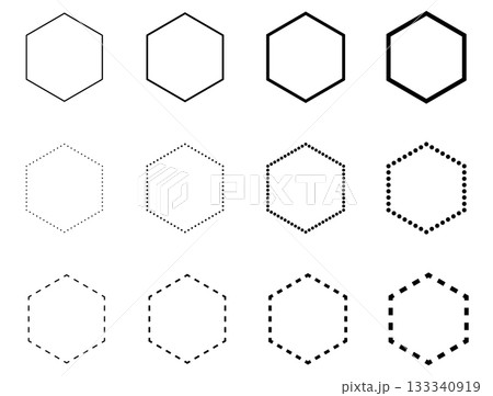 Set of Twelve Hexagon Frames and Borders with Varying Line Weights and Styles. 133340919