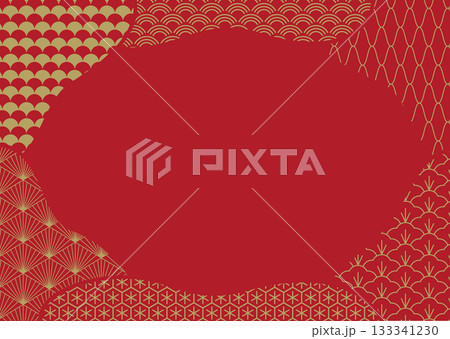 真紅の背景と波、松などの和柄フレームデザイン 真紅の背景と波、松などの和柄フレームデザイン 133341230