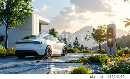 家庭用充電ステーションで電気自動車が充電される未来的な風景 133341424