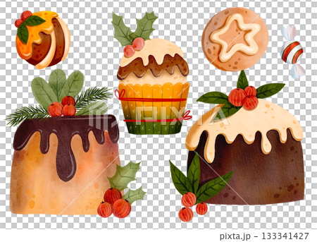 Festive assortment of delicious desserts. Christmas cookies decorated with chocolate icing, holly, and red berries. Gingerbread cookies in the shape of a Christmas tree. Winter holiday cake 133341427
