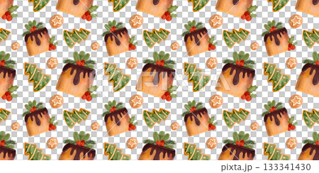 Seamless Christmas pattern. Festive cake and gingerbread cookies in the shape of a Christmas tree. Christmas pie decorated with icing, holly, and red berries. Winter holiday fruitcake Seamless Christmas pattern. Festive cake and gingerbread cookies in the shape of a Christmas tree. Christmas pie decorated with icing, holly, and red berries. Winter holiday fruitcake 133341430