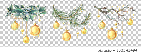 Golden baubles with beads hung on snowberry, pine, and bare branches. Hand-painted watercolor illustration. A set of Christmas, New Year, and winter compositions for decor and design. 133341494