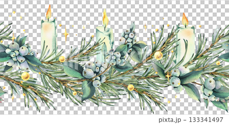 A seamless border pattern of pine branches, snowberry twigs, burning candles, gold beads, and shimmer. Hand-drawn watercolor illustration. A Christmas and winter composition for decor and design. A seamless border pattern of pine branches, snowberry twigs, burning candles, gold beads, and shimmer. Hand-drawn watercolor illustration. A Christmas and winter composition for decor and design. 133341497