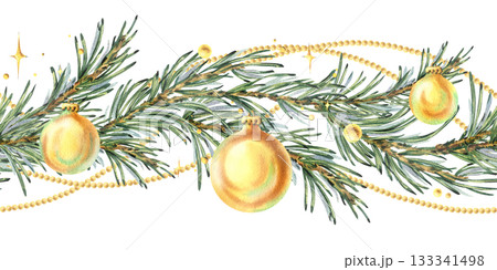 A seamless border pattern of pine branches with Christmas shimmer, golden baubles, and hanging beads. Hand-drawn watercolor illustration. A Christmas and winter composition for decor and design. 133341498