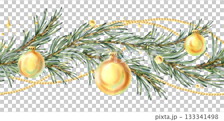 A seamless border pattern of pine branches with Christmas shimmer, golden baubles, and hanging beads. Hand-drawn watercolor illustration. A Christmas and winter composition for decor and design. A seamless border pattern of pine branches with Christmas shimmer, golden baubles, and hanging beads. Hand-drawn watercolor illustration. A Christmas and winter composition for decor and design. 133341498