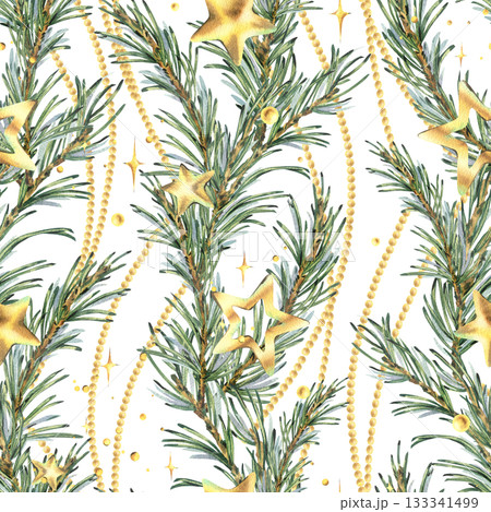 A seamless pattern with pine branches, gold stars, glitter, and beads in vertical garlands. Hand-drawn watercolor illustration. A Christmas, New Year, and winter ornament for decor and design. A seamless pattern with pine branches, gold stars, glitter, and beads in vertical garlands. Hand-drawn watercolor illustration. A Christmas, New Year, and winter ornament for decor and design. 133341499