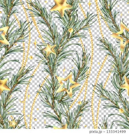 A seamless pattern with pine branches, gold stars, glitter, and beads in vertical garlands. Hand-drawn watercolor illustration. A Christmas, New Year, and winter ornament for decor and design. 133341499