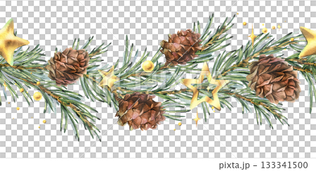 A seamless border pattern of pine branches and cones with Christmas glitter, gold stars, and beads. Hand-drawn watercolor illustration. A Christmas and winter composition for decor and design. A seamless border pattern of pine branches and cones with Christmas glitter, gold stars, and beads. Hand-drawn watercolor illustration. A Christmas and winter composition for decor and design. 133341500