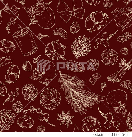 Hand-drawn line art seamless pattern with pine cones, cinnamon, candles and Christmas sweets on red background. Festive graphic design for holiday wrapping paper, seasonal branding, winter home decor 133341502