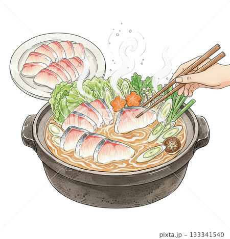ぶりしゃぶ鍋（鰤しゃぶ）と野菜の土鍋・湯気のたつ日本の冬の食べ物・手描きイラスト 133341540