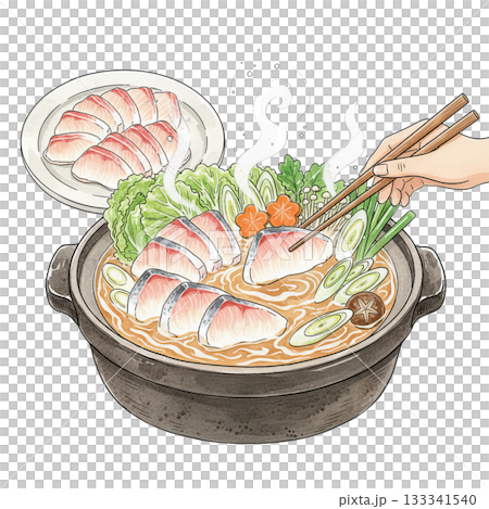 ぶりしゃぶ鍋（鰤しゃぶ）と野菜の土鍋・湯気のたつ日本の冬の食べ物・手描きイラスト 133341540