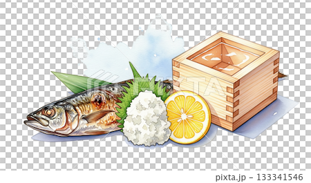 秋刀魚和清酒套裝,裝在木盒裡,展現日本料理的秋日風味,水彩插圖 秋刀魚和清酒套裝,裝在木盒裡,展現日本料理的秋日風味,水彩插圖 133341546