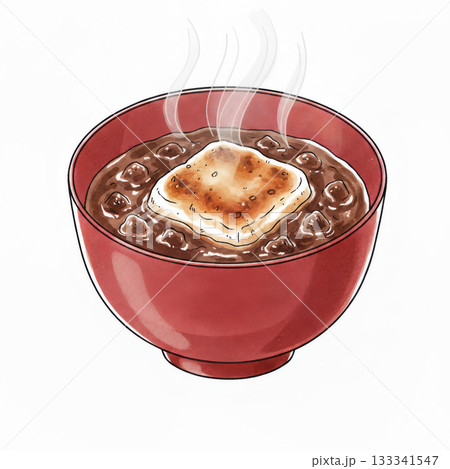 焼き餅の入ったぜんざい（おしるこ）の椀・湯気のたつ日本の冬の甘味・手描きイラスト 133341547