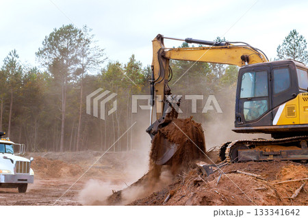 Heavy machinery clears land in forest area, with truck positioned on construction side 133341642