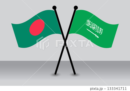 Crossed Waving Flags of Bangladesh and Saudi Arabia Symbolizing Diplomatic Ties. 133341711