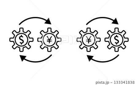 Currency Exchange Gears Icon Set: Dollar and Yen Financial Transaction. 133341838