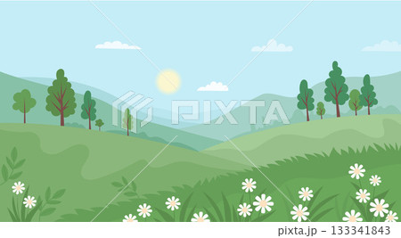 Sunny Spring landscape with trees, mountains, hills and blooming white flowers. Seasonal Nature poster. Minimal springtime flat horizontal background. Vector illustration. Not AI Sunny Spring landscape with trees, mountains, hills and blooming white flowers. Seasonal Nature poster. Minimal springtime flat horizontal background. Vector illustration. Not AI 133341843