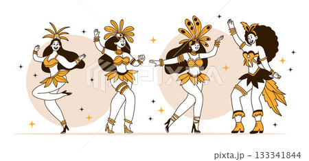 Carnival Happy Pretty Women Dancers in Masquerade Costumes with Feathers. Isolated Color Hand-Drawn Doodle. Vector Illustration. Not AI 133341844