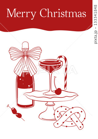 Hand-drawn Christmas card in red color with champagne, bow, pretzel and drinking cocktail glass with cherry and candy cane  133341848